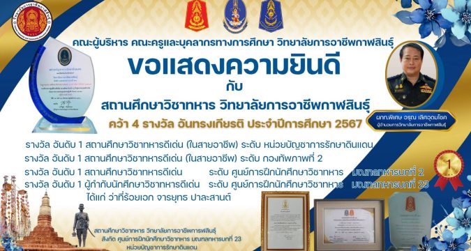 วก. โดย ผู้กำกับพิเศษ นายอรุณ เลิศอุดรโชค ผู้อำนวยการวิทยาลัย มอบหมายให้ นายบุญชนะ โพธิ์ละเดา รองผู้อำนวยการฝ่ายวิชาการ พร้อมครูที่ได้รับมอบหมายเข้ารับ ประกาศเกียรติคุณชมเชย สถานศึกษาวิชาทหารดีเด่น ระดับกองทัพภาคที่ 2 ประจำปีการศึกษา 2567